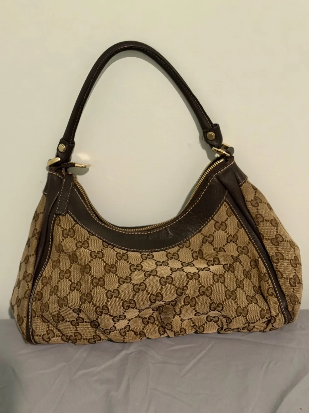 Gucci Brown GG Canvas Hobo with Gold Hardware